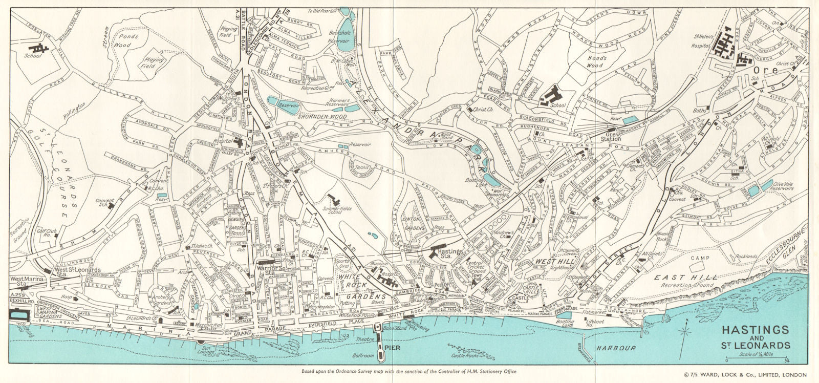 HASTINGS AND ST. LEONARDS vintage town/city plan. Sussex. WARD LOCK 1961 map